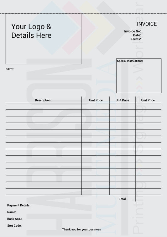 Blank invoice template with customizable fields on a white background. Invoice Pad 1