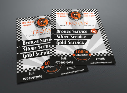 2 overlapping A5 Flayers for Trojan mobile Valeting services, in black,white grey and some orange.