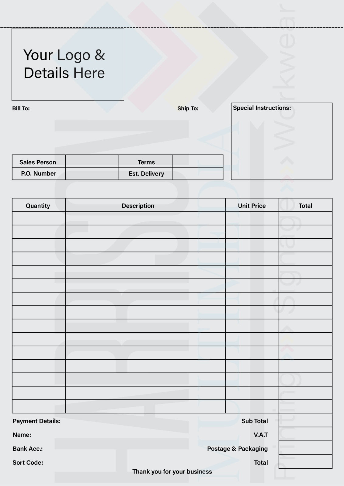 Blank invoice template with space for logos and details