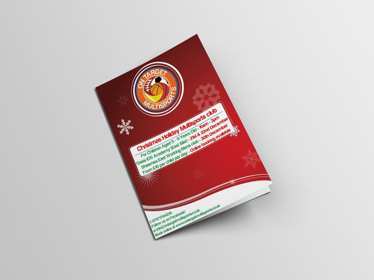a red christmas themed A5 flyer for on target multisports. detailing events they had coming up around christmas