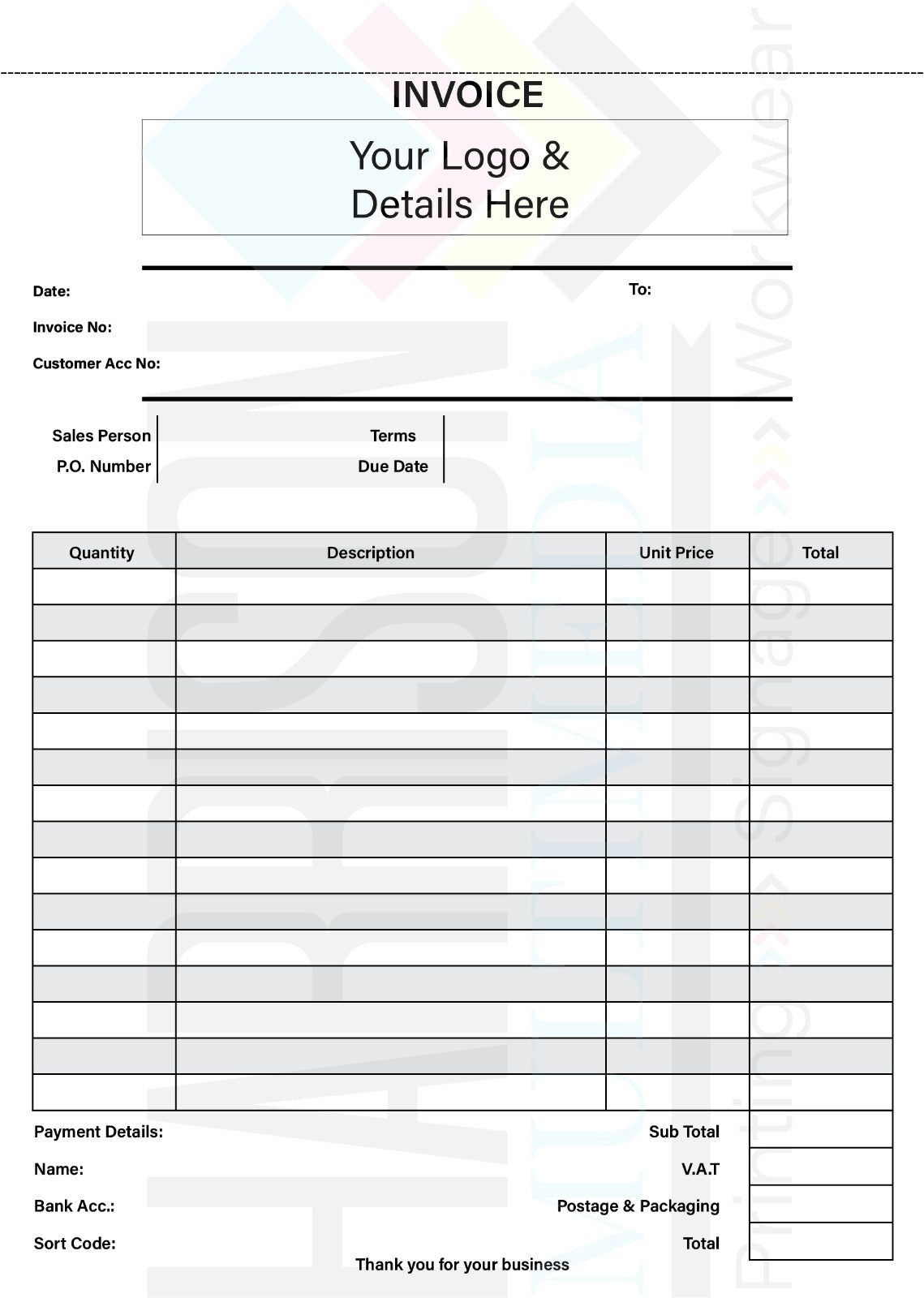 Blank invoice template with space for customer details and payment information.