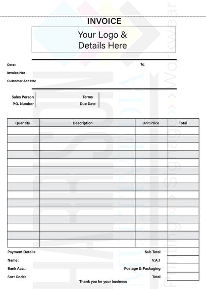 Blank invoice template with space for customer details and payment information.