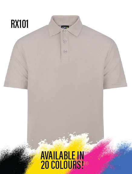 Gray polo shirt with 'RX101' branding on a white background, featuring text about color availability.