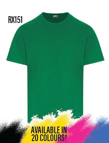 Kelly Green t-shirt with multicolor splashes and text on a white background