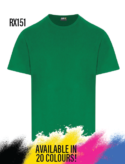 Kelly Green t-shirt with multicolor splashes and text on a white background