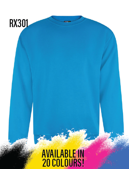 Blue sweatshirt with 'RX301' branding on a white background, featuring color swatches below.