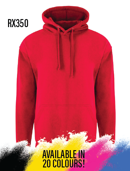Red hoodie with 'RX350' text and color swatches on a white background