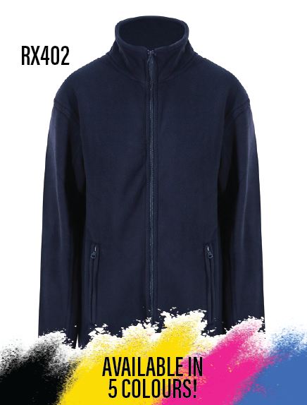 Navy blue fleece jacket with 'RX402' and 'Available in 5 colours!' text on a white background