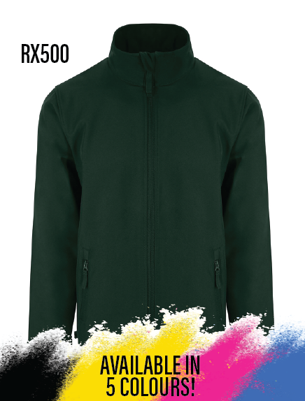 Dark green softshell jacket with 'RX500' text and colour options on a white background