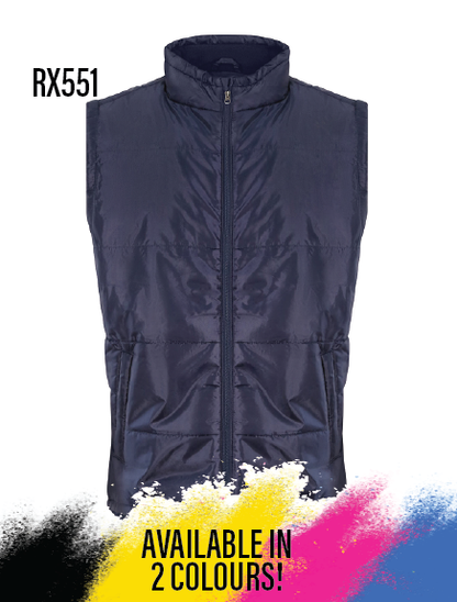 Navy blue vest with a colourful splash of paint and text indicating colour availability on a white background.