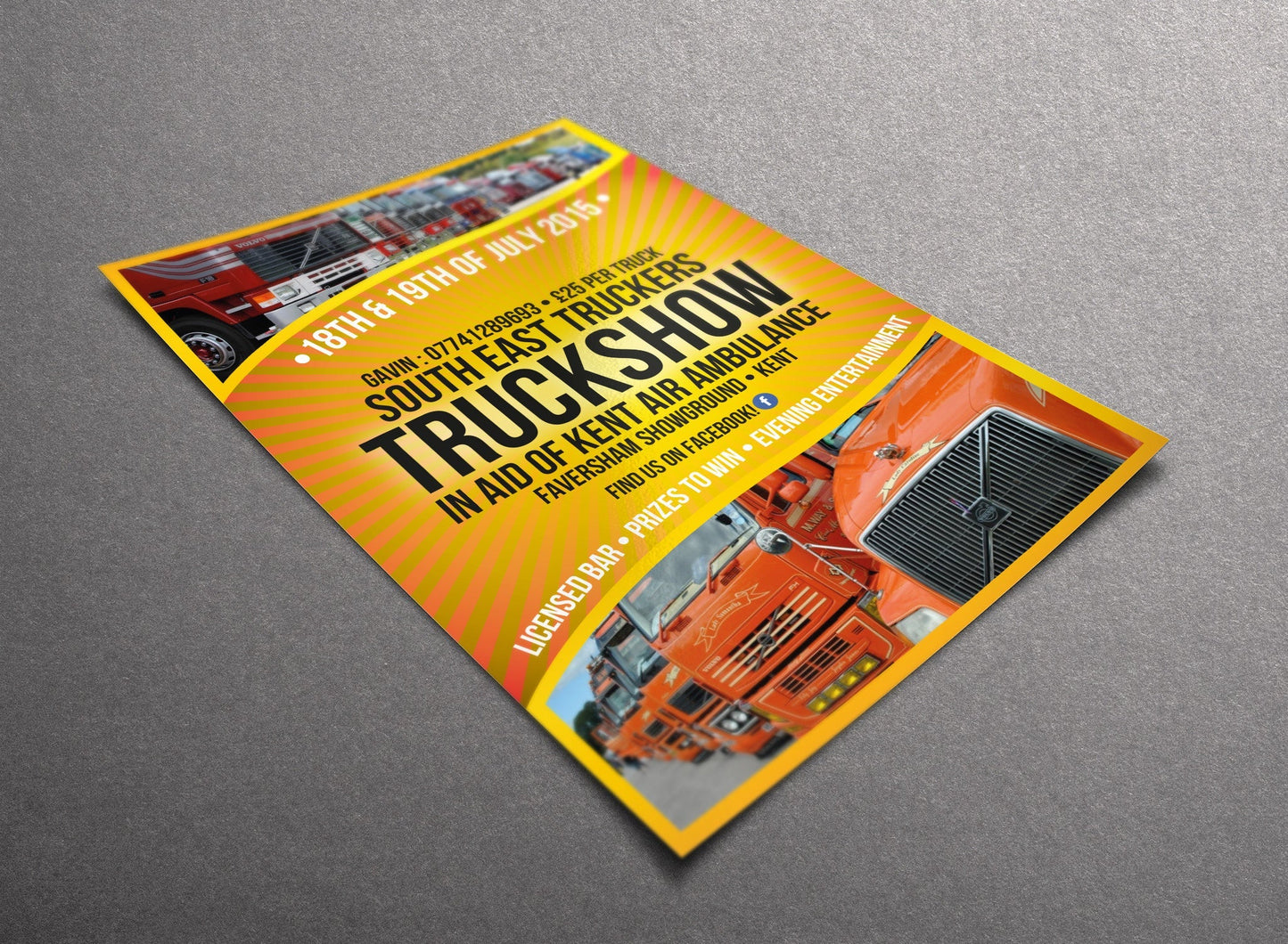 orange and yellow sunburst effect background on an A5 flyer for southe east truckers Truck show with some images of the front of trucks top and bottom of the flyer and details of the event, designed by Harrison multimedia