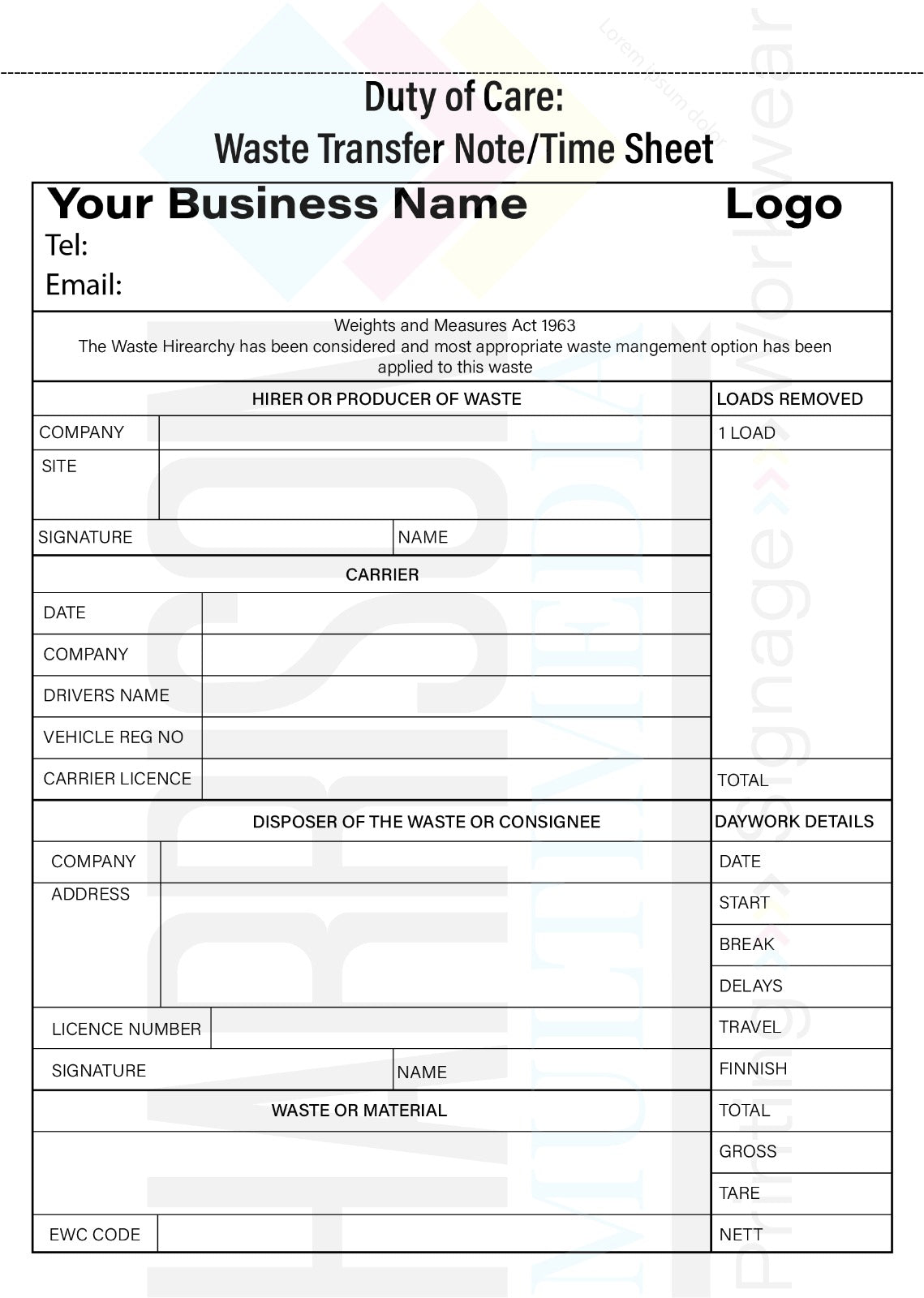 Waste transfer note/time sheet form with fields for business details and waste management information.