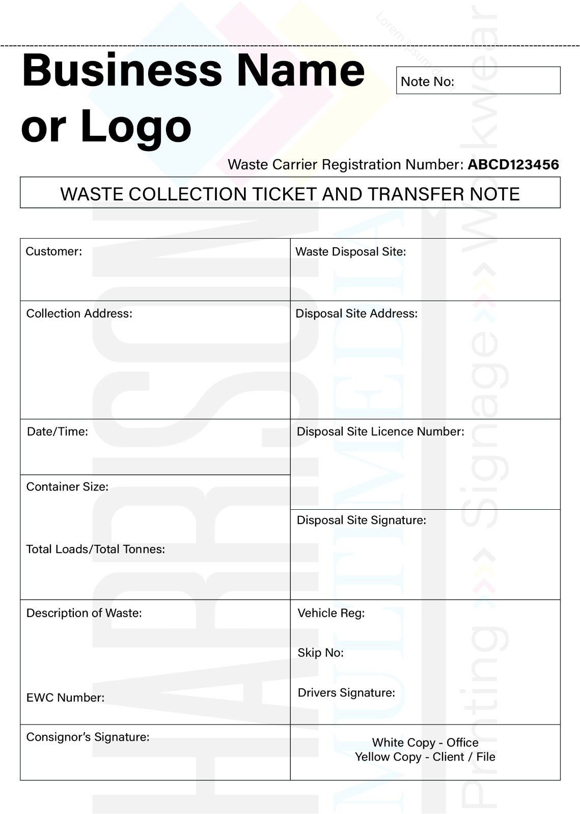 Waste collection ticket and transfer note form with fields for customer details and waste disposal information.