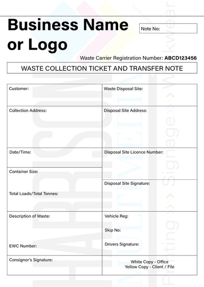 Waste collection ticket and transfer note form with fields for customer details and waste disposal information.