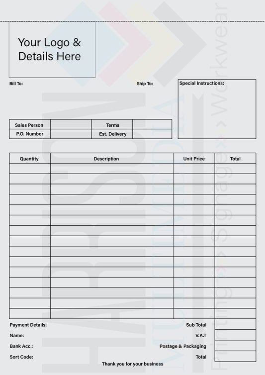Blank invoice template with space for logos and details