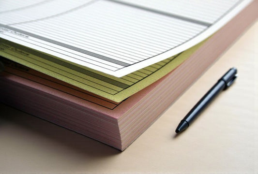 Stack of notebooks with a pen on a light surface